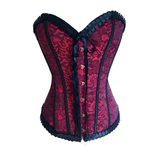 Other - Red & Black Lace Brocade Overbust Boned Corset L